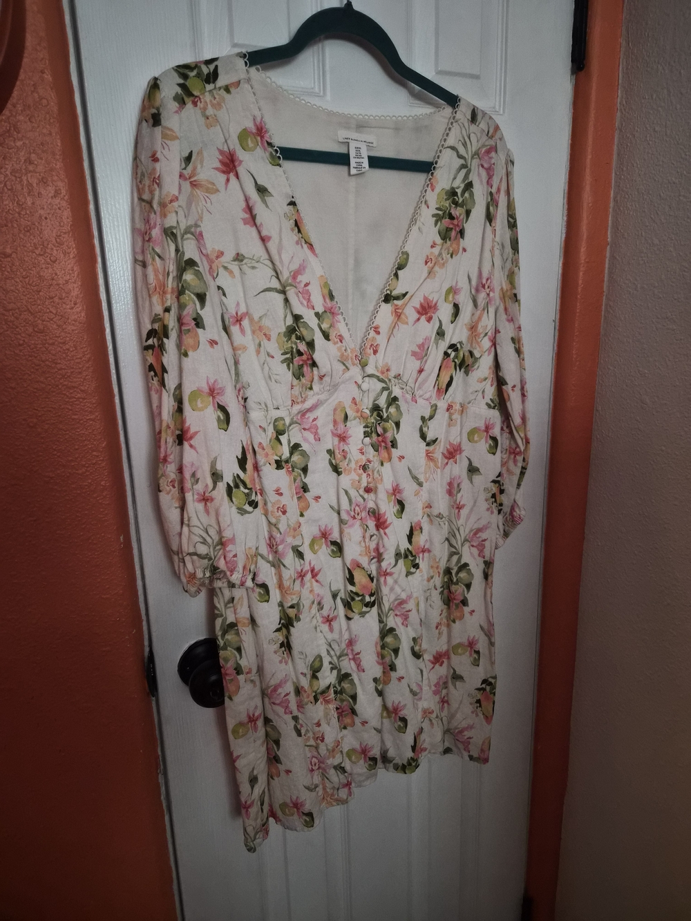 H&M Cream Floral V-Neck Tunic with Pink & Green Print